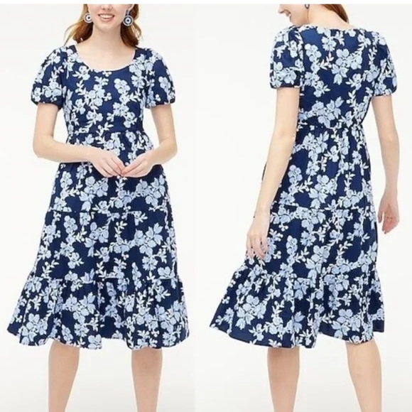 J CREW BLUE FLORAL TIERED PUFF SLEEVE MIDI DRESS SIZE 6 - Picture 2 of 11